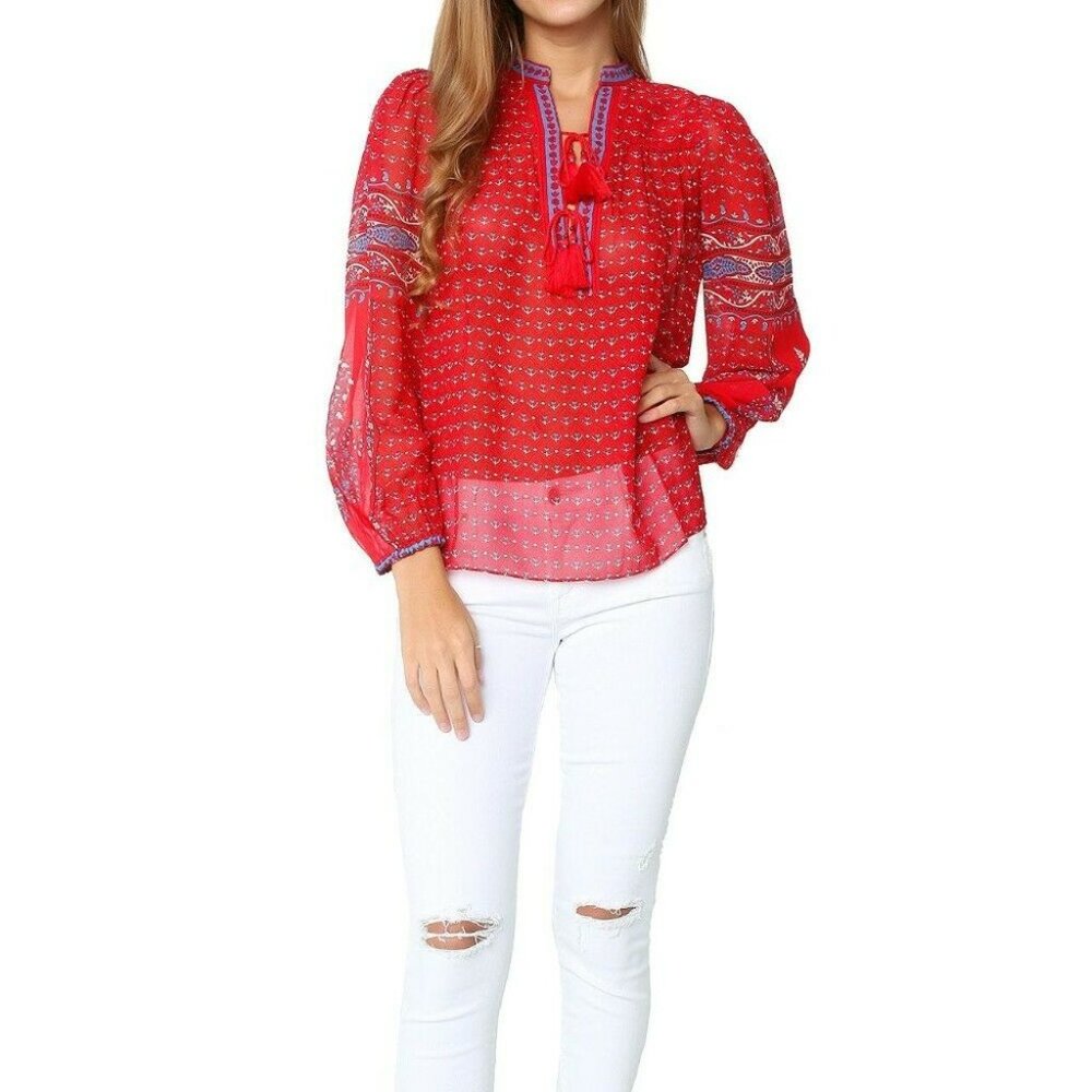 Ulla Johnson Red Boho Tassel Peasant Blouse